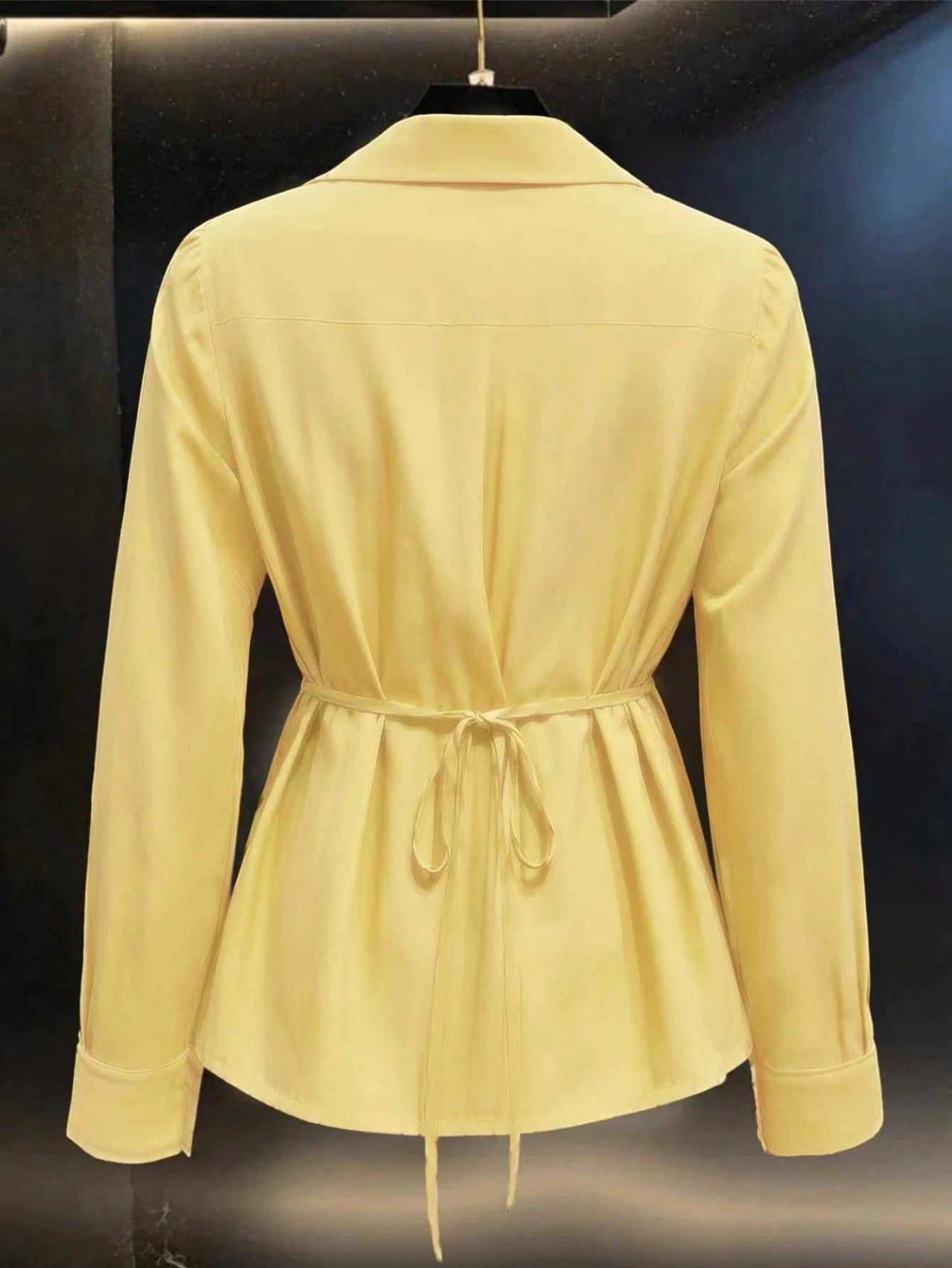 Women's Spring/Autumn New Solid Color French V-Neck Tie-Waist Casual Long Sleeve Blouse Yellow, Chic