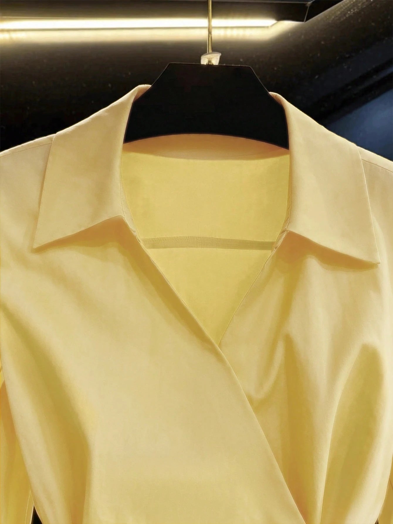 Women's Spring/Autumn New Solid Color French V-Neck Tie-Waist Casual Long Sleeve Blouse Yellow, Chic