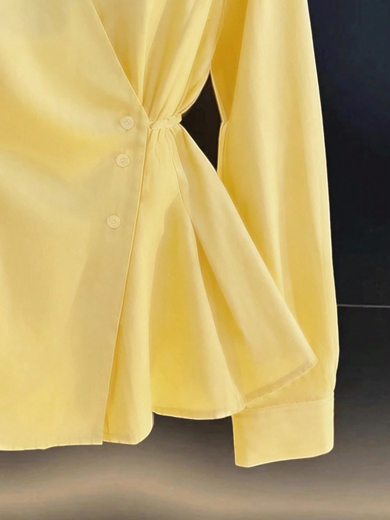Women's Spring/Autumn New Solid Color French V-Neck Tie-Waist Casual Long Sleeve Blouse Yellow, Chic