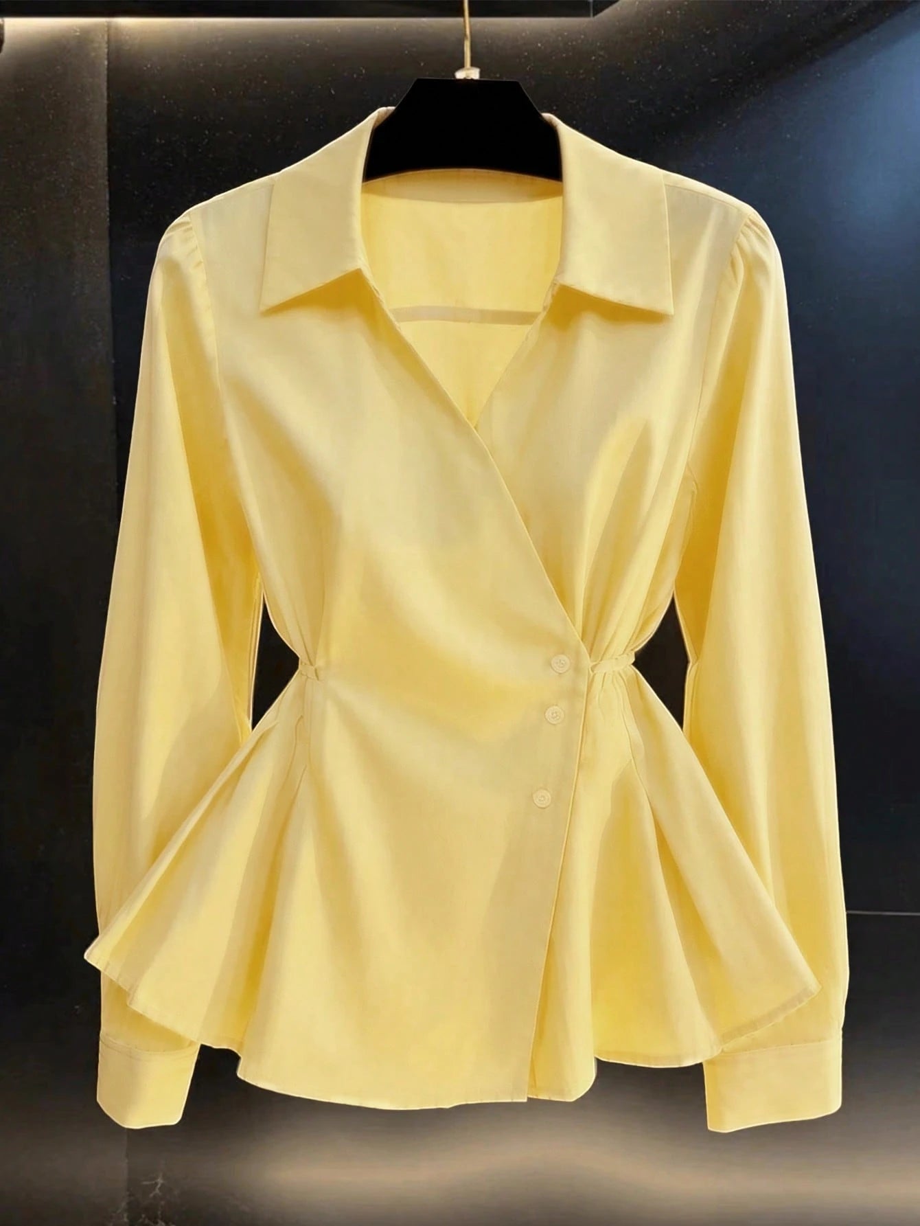 Women's Spring/Autumn New Solid Color French V-Neck Tie-Waist Casual Long Sleeve Blouse Yellow, Chic