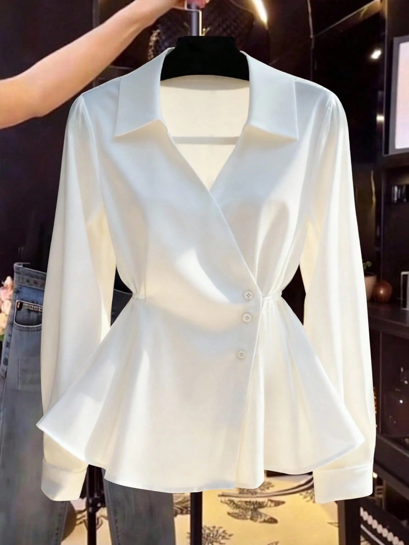 Women's Spring/Autumn New Solid Color French V-Neck Tie-Waist Casual Long Sleeve Blouse Yellow, Chic