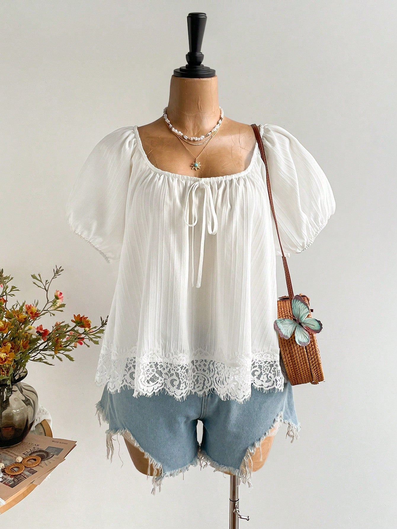 Women's Spring/Summer Bohemian Vacation Daily White Lace Trim Short Sleeve Top, Suitable For Autumn/Winter