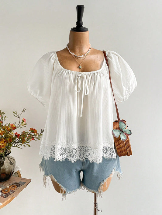 Women's Spring/Summer Bohemian Vacation Daily White Lace Trim Short Sleeve Top, Suitable For Autumn/Winter
