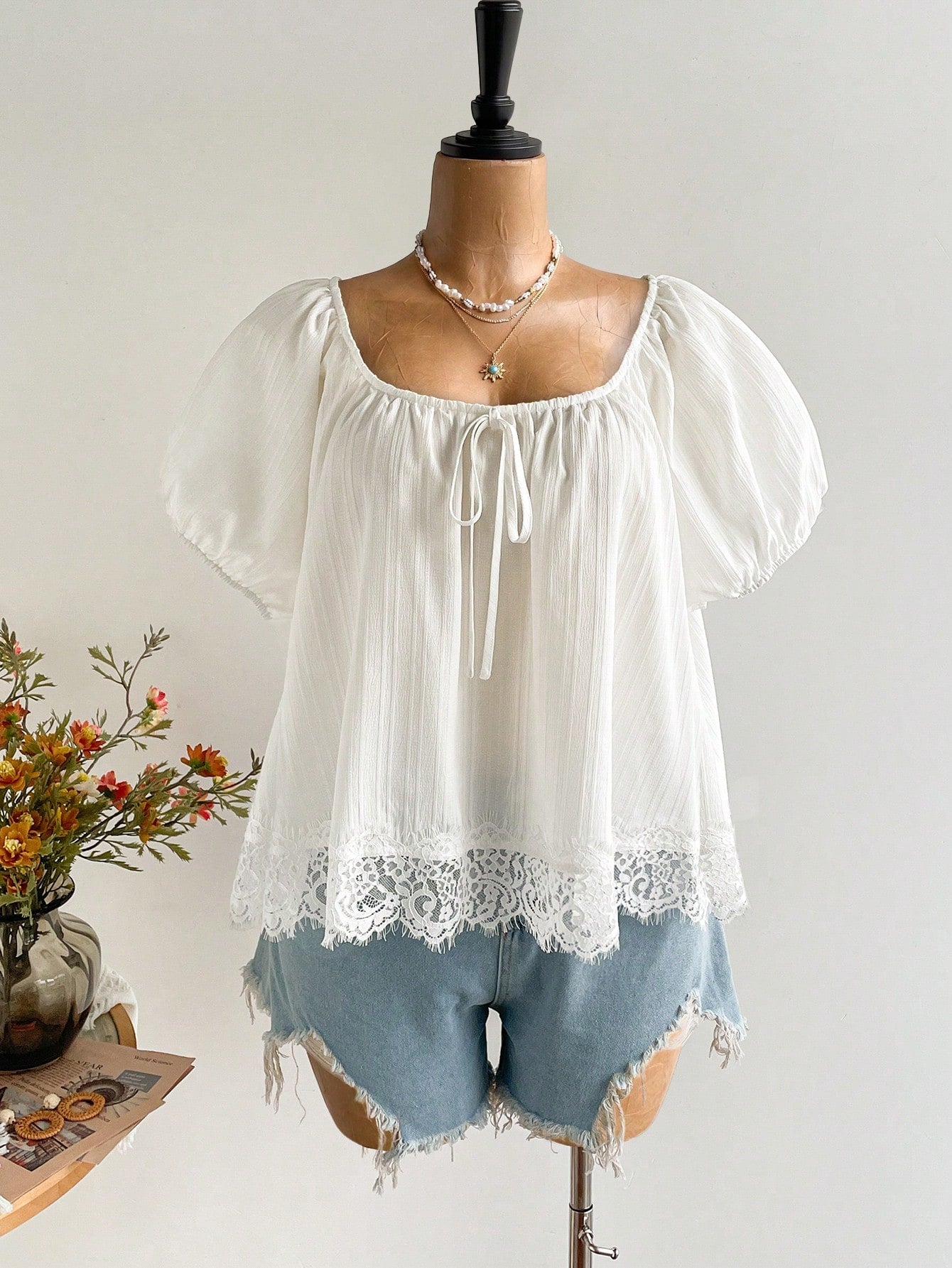 Women's Spring/Summer Bohemian Vacation Daily White Lace Trim Short Sleeve Top, Suitable For Autumn/Winter