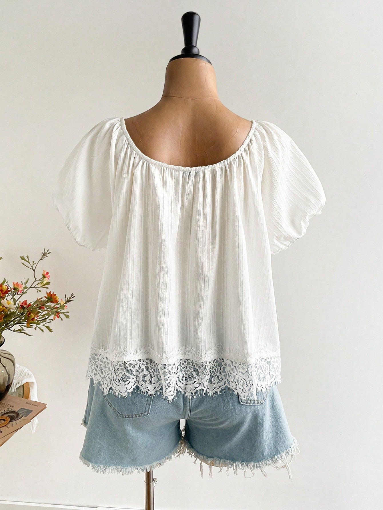 Women's Spring/Summer Bohemian Vacation Daily White Lace Trim Short Sleeve Top, Suitable For Autumn/Winter
