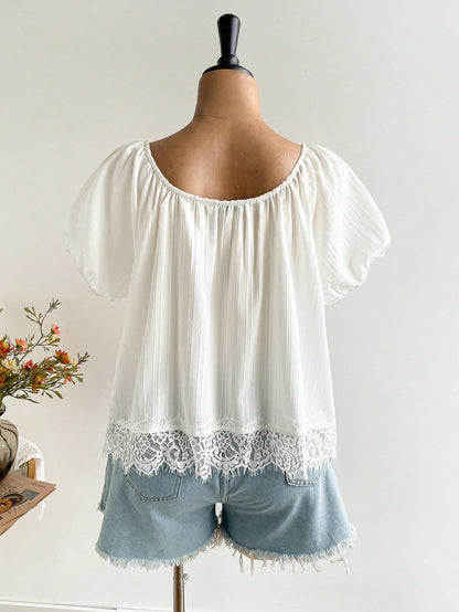 Women's Spring/Summer Bohemian Vacation Daily White Lace Trim Short Sleeve Top, Suitable For Autumn/Winter