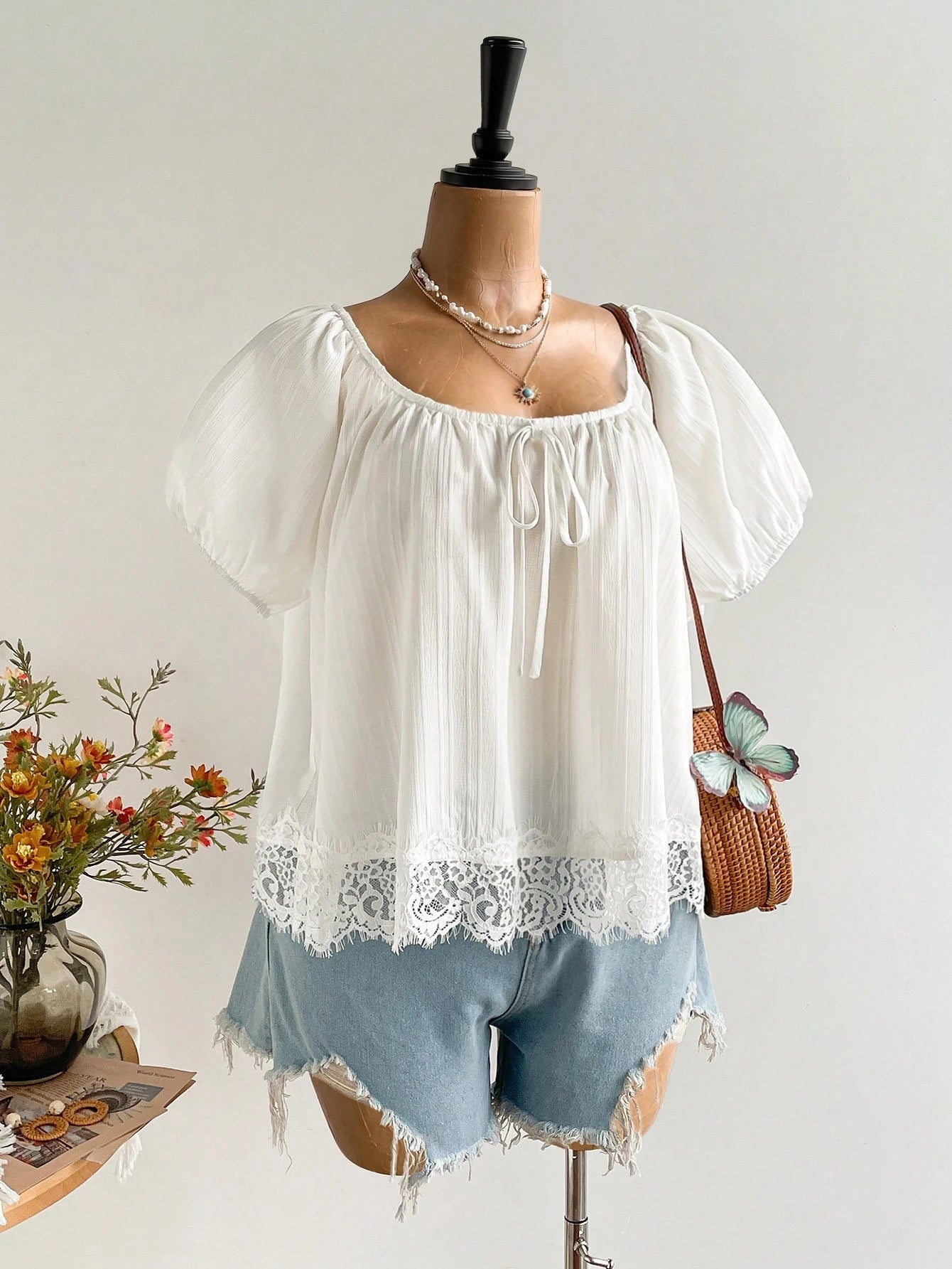 Women's Spring/Summer Bohemian Vacation Daily White Lace Trim Short Sleeve Top, Suitable For Autumn/Winter