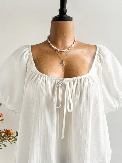 Women's Spring/Summer Bohemian Vacation Daily White Lace Trim Short Sleeve Top, Suitable For Autumn/Winter