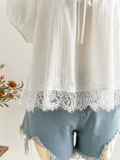 Women's Spring/Summer Bohemian Vacation Daily White Lace Trim Short Sleeve Top, Suitable For Autumn/Winter