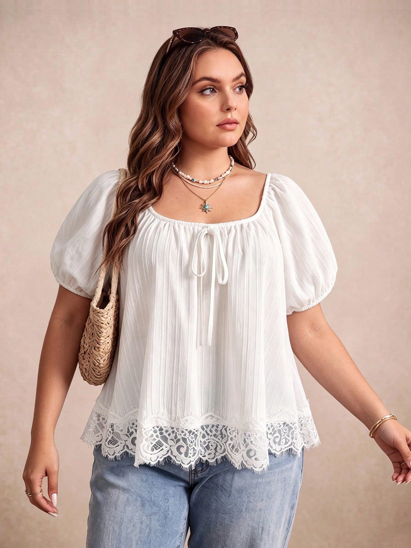 Women's Spring/Summer Bohemian Vacation Daily White Lace Trim Short Sleeve Top, Suitable For Autumn/Winter