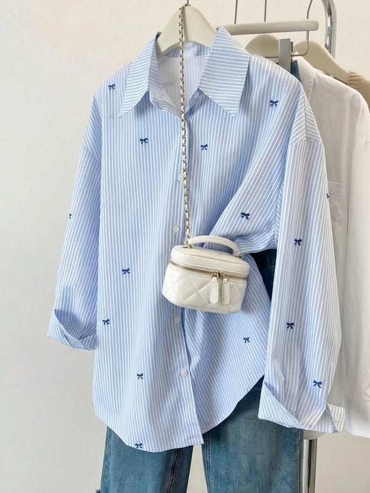 Women's Striped Color Block Button Front Shirt, Casual Wear Spring, Chic & Elegant