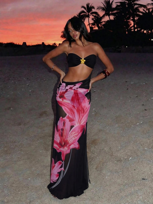 Women's Summer Beach Bikini Set, Metal Flower Decor With Removable Straps Backless Bikini Top, Floral Print Sheer High Slit Maxi Skirt Vacation Black