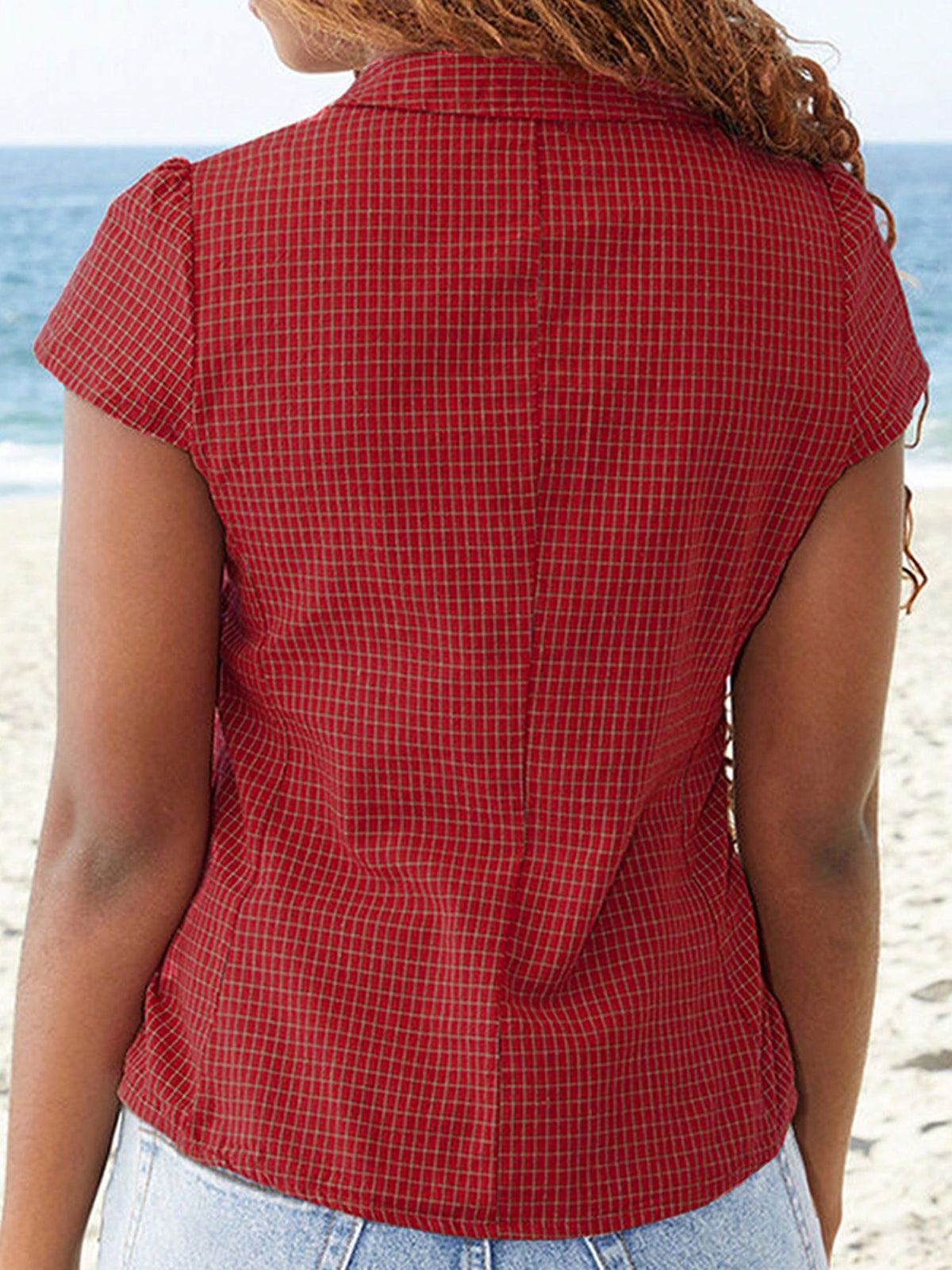 Women's Summer Casual Plaid Shirt Red Short Sleeve Turn Down Collar Buton Up Tops