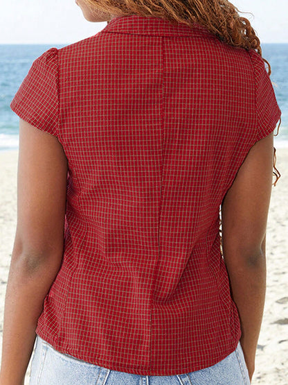 Women's Summer Casual Plaid Shirt Red Short Sleeve Turn Down Collar Buton Up Tops