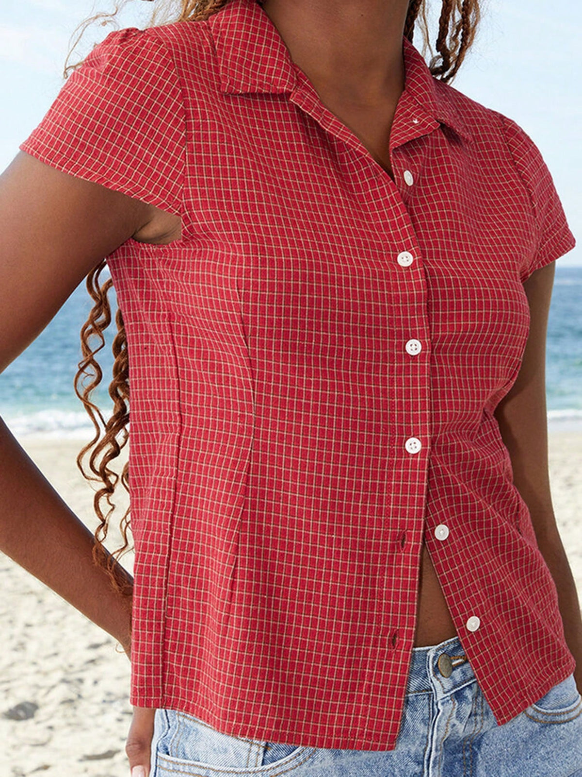 Women's Summer Casual Plaid Shirt Red Short Sleeve Turn Down Collar Buton Up Tops
