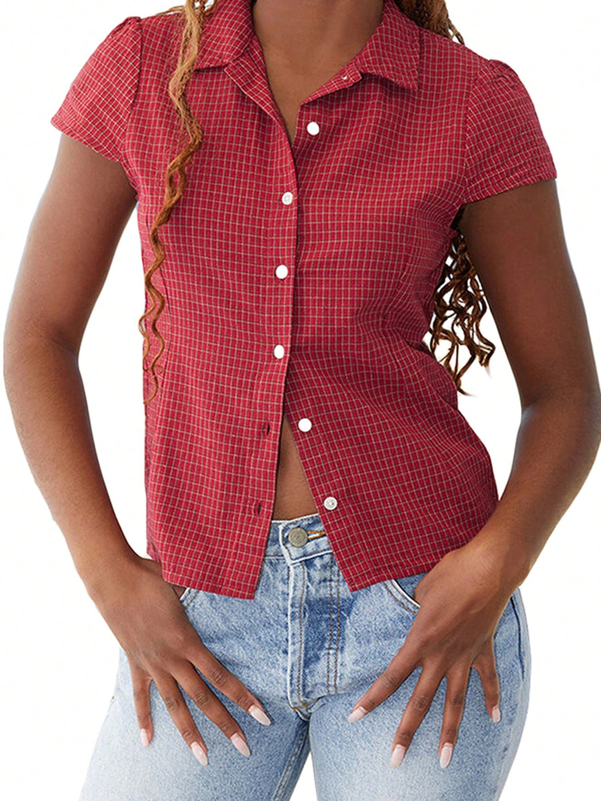 Women's Summer Casual Plaid Shirt Red Short Sleeve Turn Down Collar Buton Up Tops