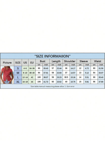 Women's Summer Casual Plaid Shirt Red Short Sleeve Turn Down Collar Buton Up Tops