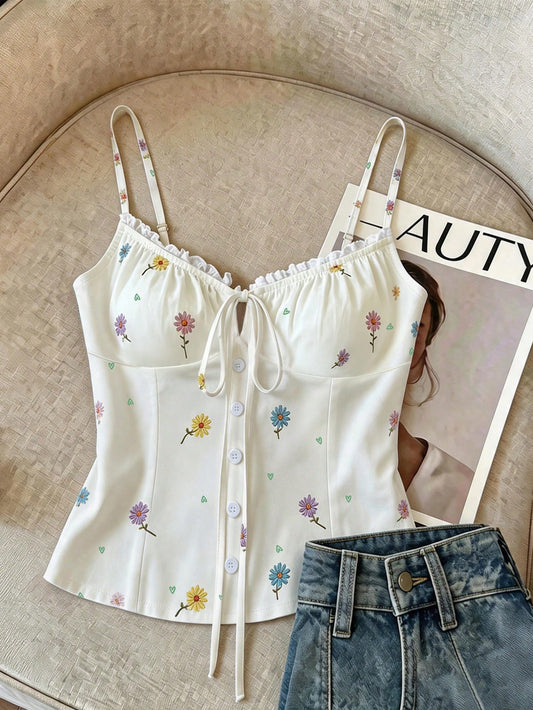 Women's Summer Floral Lace Ribbon Tie Strap Camisole