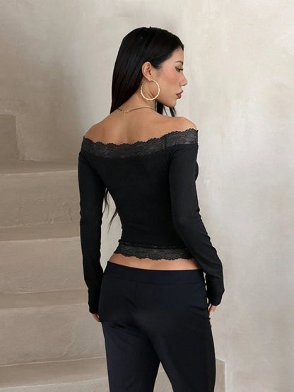 Women's Summer Lace Trim Long Sleeve Casual Top, Backless Design. Suitable For Birthday, Date, Vacation, Beach And Other Occasions. Spring Style Black, Chic & Elegant
