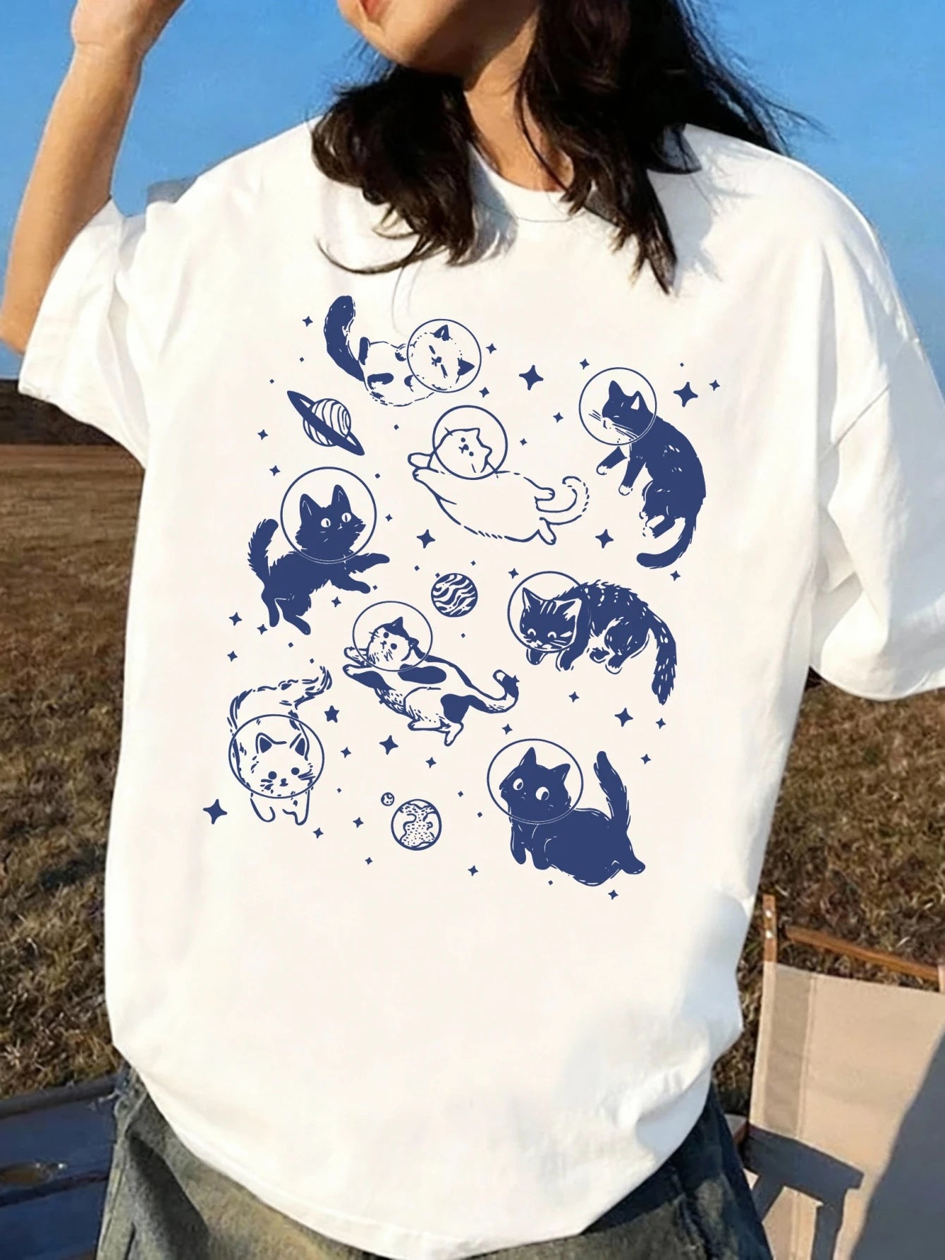 Women's Summer Space Cat Print Round Neck Short Sleeve Casual Loose T-Shirt Top, Plus Size White