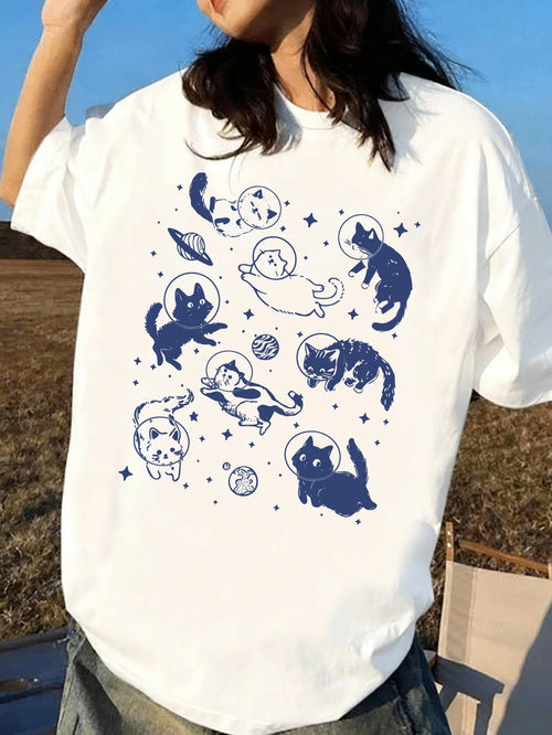 Women's Summer Space Cat Print Round Neck Short Sleeve Casual Loose T-Shirt Top, Plus Size White