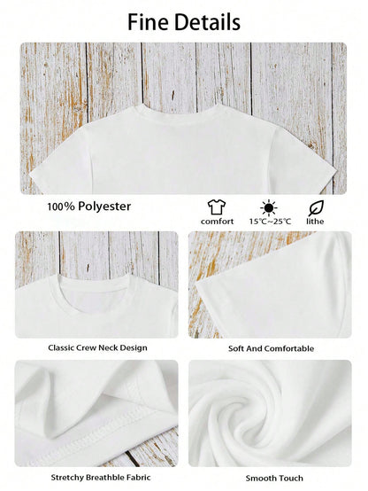 Women's Summer Space Cat Print Round Neck Short Sleeve Casual Loose T-Shirt Top, Plus Size White