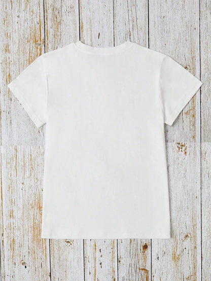Women's Summer Space Cat Print Round Neck Short Sleeve Casual Loose T-Shirt Top, Plus Size White