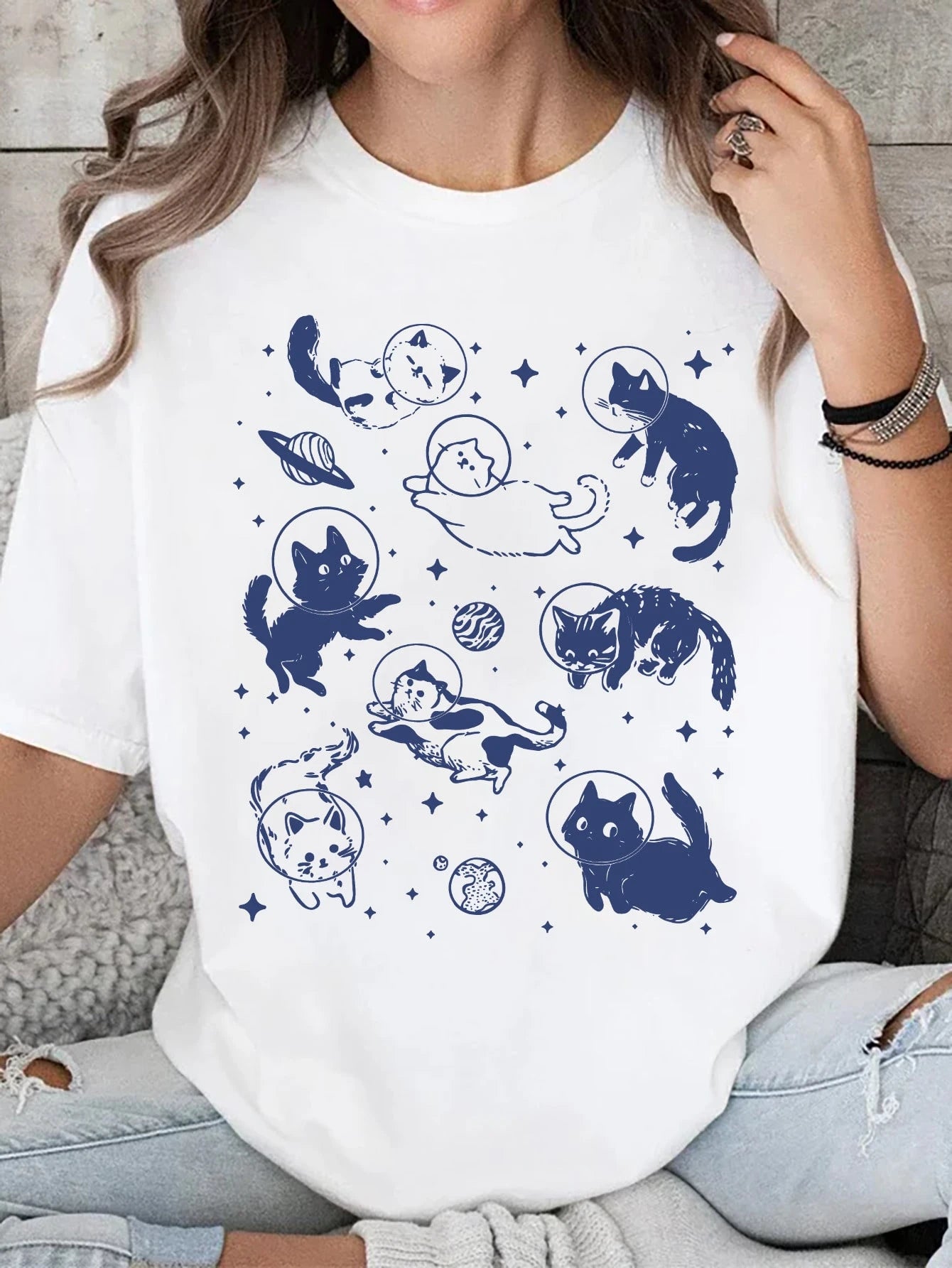 Women's Summer Space Cat Print Round Neck Short Sleeve Casual Loose T-Shirt Top, Plus Size White