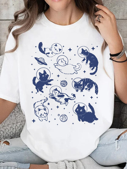 Women's Summer Space Cat Print Round Neck Short Sleeve Casual Loose T-Shirt Top, Plus Size White