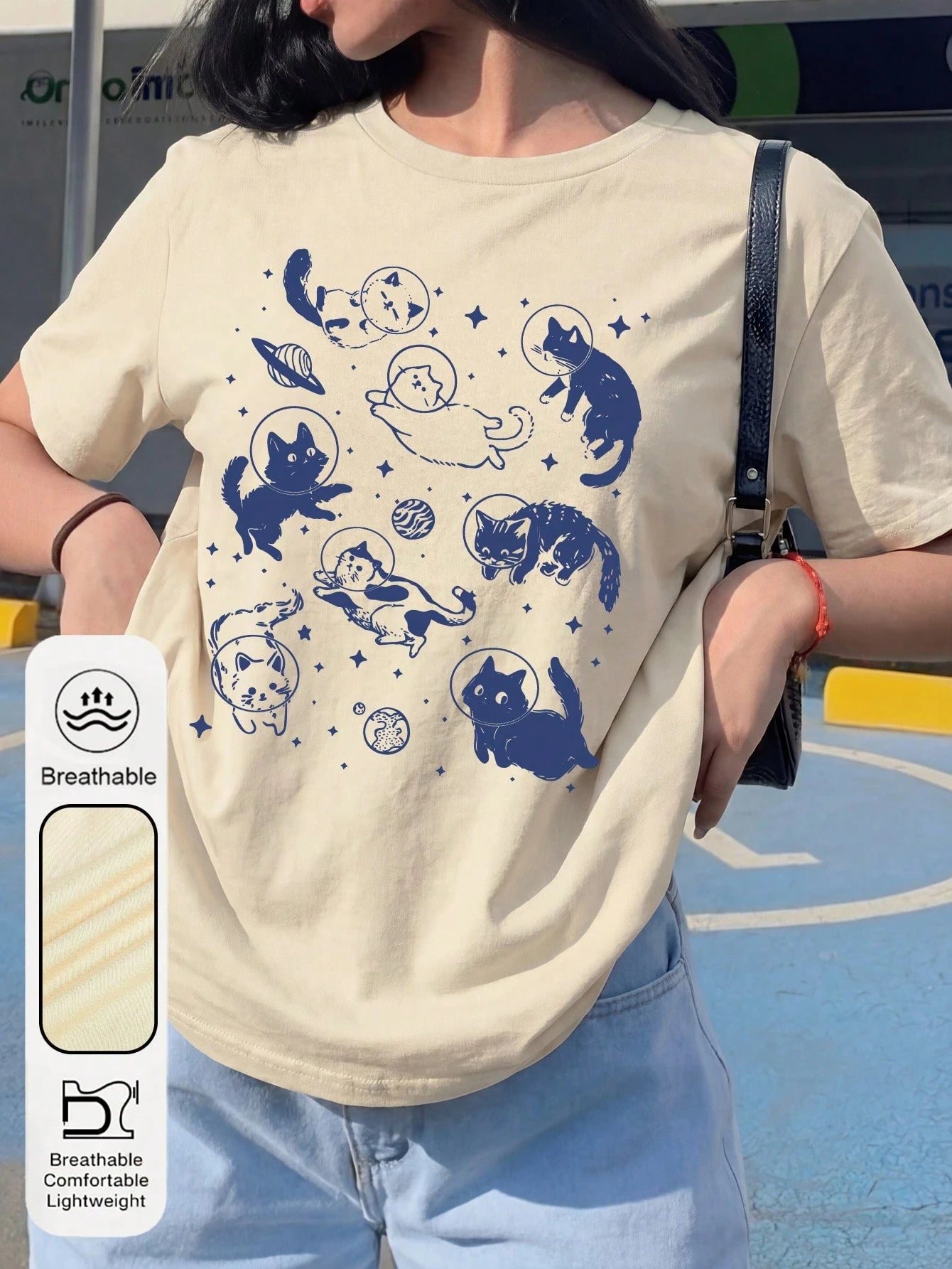 Women's Summer Space Cat Print Round Neck Short Sleeve Casual Loose T-Shirt Top, Plus Size White