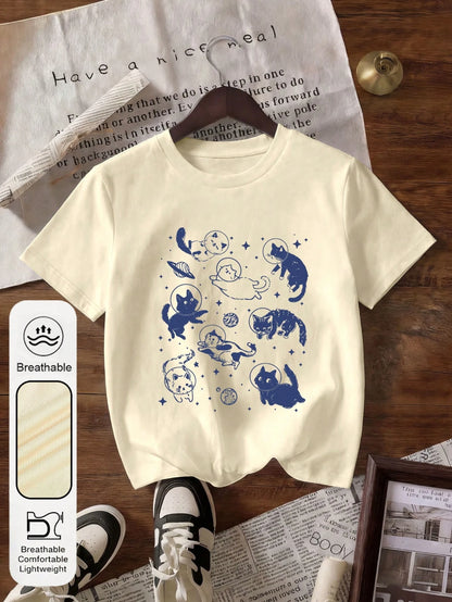 Women's Summer Space Cat Print Round Neck Short Sleeve Casual Loose T-Shirt Top, Plus Size White