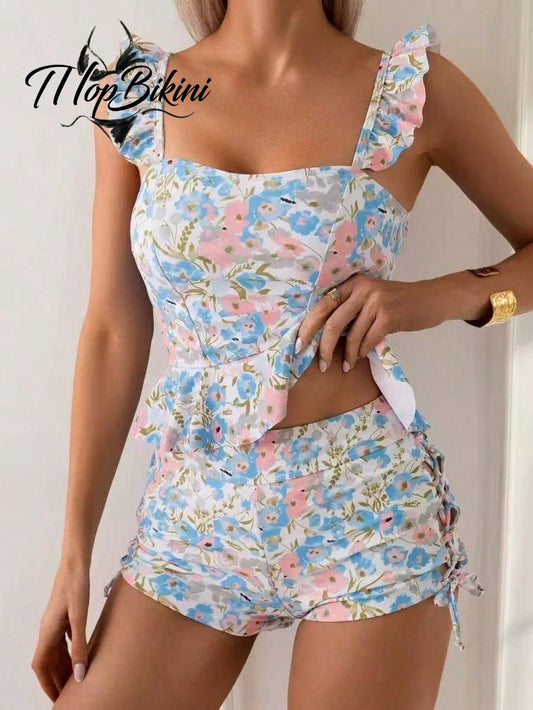 Women's Summer Sweet Floral Print Ruffle Strap Backless Tankini Top With Drawstring Boyshorts, Summer Swimsuits Outfits For Women Beach Vacation