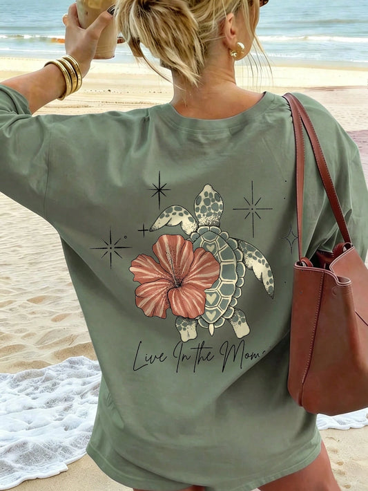 Women's Summer Turtle, Floral & Letter Print Casual Loose Round Neck Beach Vacation T-Shirt