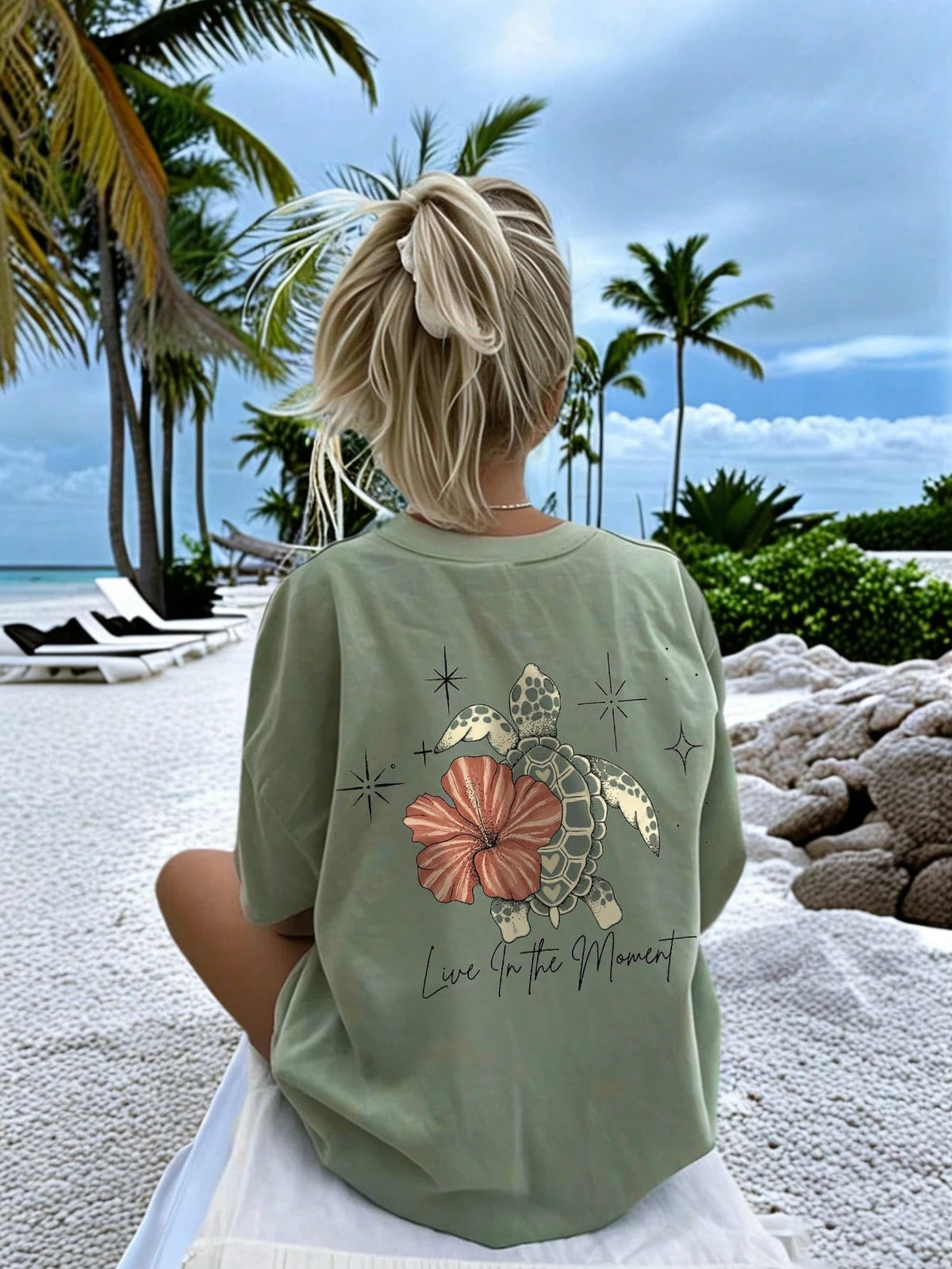 Women's Summer Turtle, Floral & Letter Print Casual Loose Round Neck Beach Vacation T-Shirt