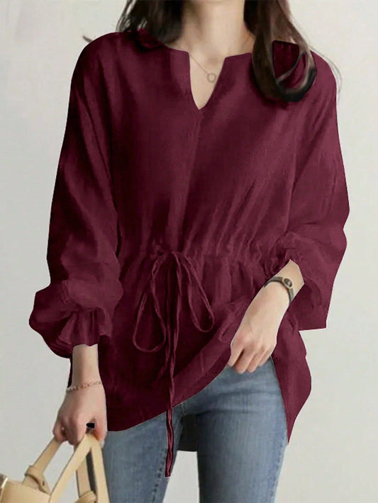 Women's V-Neck Clown Waist Tie Shirt, Women's New Vintage Casual Loose Long Sleeve Tie Front Shirt Spring
