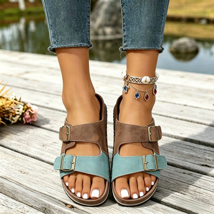 Women's Vintage Metal Buckle Flat Sandals - Soft Faux Leather Open Toe Summer Beach Shoes, With Adjustable Back Strap Casual Outdoor Slides, Color Block Patchwork Rivet Decor Soft Sole Women's Shoes (