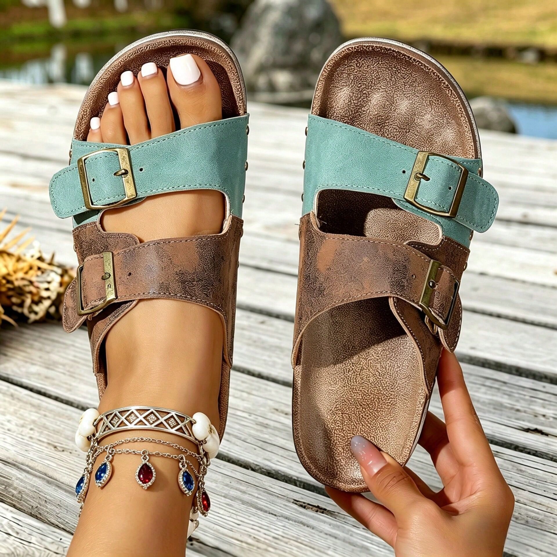 Women's Vintage Metal Buckle Flat Sandals - Soft Faux Leather Open Toe Summer Beach Shoes, With Adjustable Back Strap Casual Outdoor Slides, Color Block Patchwork Rivet Decor Soft Sole Women's Shoes (