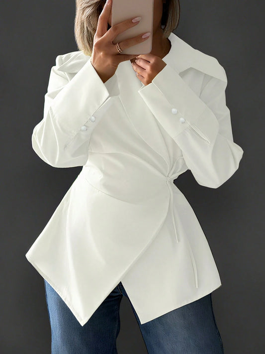 Women's Waist Tie Long Sleeve Unique Solid Color Casual Shirt, Polyester, Spring/Summer White