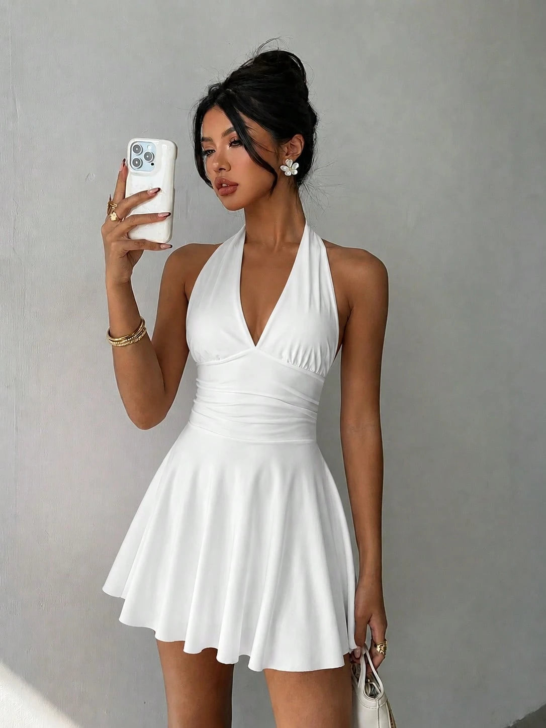 Women's White Spaghetti Strap Mini Dress, Sleeveless Knit A-Line Flared Hem Backless Hollow Dress Elegant Party Summer