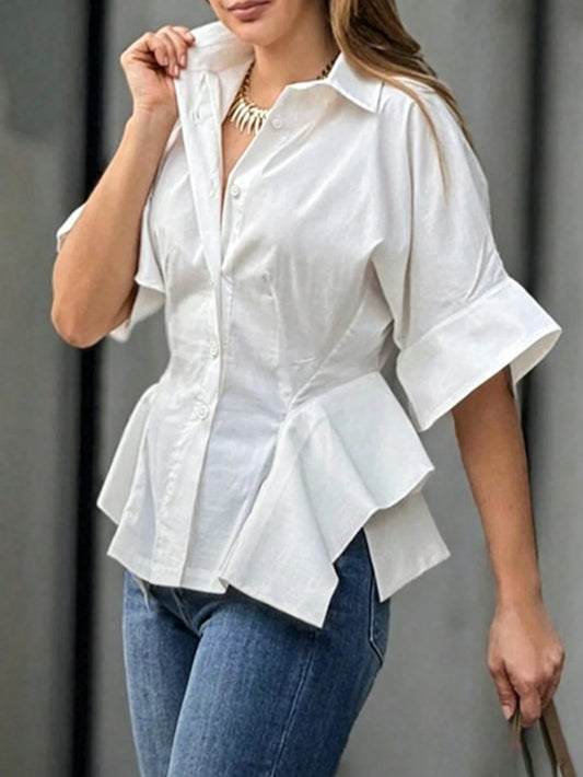 Women's White Woven Shirt, Half Bell Sleeves, Asymmetrical Ruffle Hem, Shirt Collar, Perfect Choice For Creating A Fashionable Autumn Look.