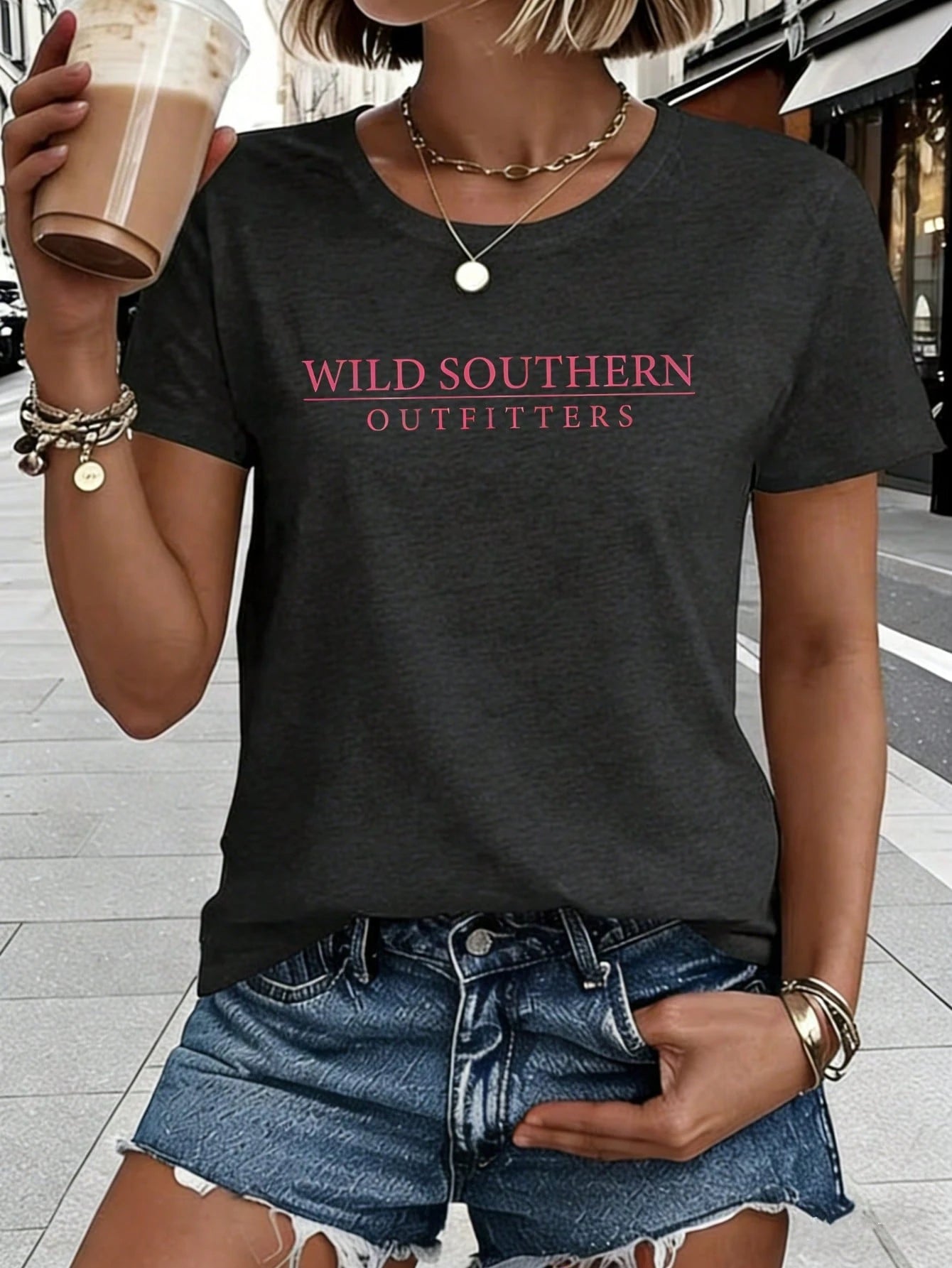 Women's Wild Southern Outfitters Double Sided Print T-Shirt, Crew Neck Short Sleeve Summer Top, Pink Hound Dog Graphic On Back, Soft Breathable Cotton Blend, Fashion Outdoor Style, Machine Washable