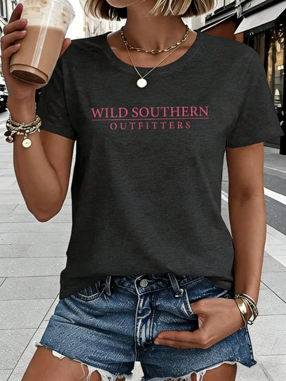 Women's Wild Southern Outfitters Double Sided Print T-Shirt, Crew Neck Short Sleeve Summer Top, Pink Hound Dog Graphic On Back, Soft Breathable Cotton Blend, Fashion Outdoor Style, Machine Washable