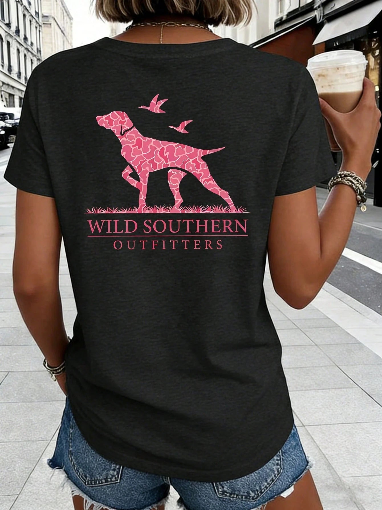 Women's Wild Southern Outfitters Double Sided Print T-Shirt, Crew Neck Short Sleeve Summer Top, Pink Hound Dog Graphic On Back, Soft Breathable Cotton Blend, Fashion Outdoor Style, Machine Washable