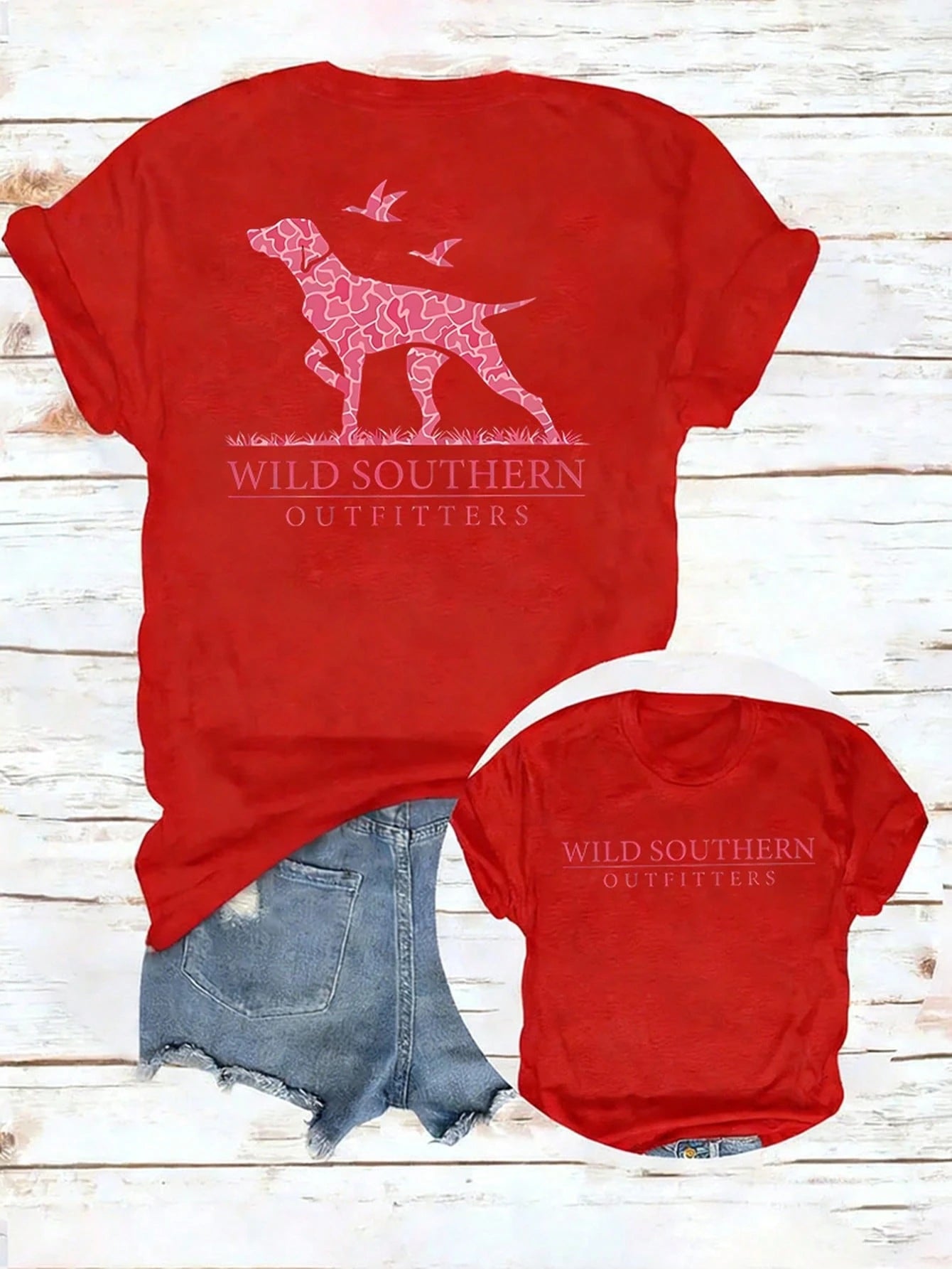 Women's Wild Southern Outfitters Double Sided Print T-Shirt, Crew Neck Short Sleeve Summer Top, Pink Hound Dog Graphic On Back, Soft Breathable Cotton Blend, Fashion Outdoor Style, Machine Washable