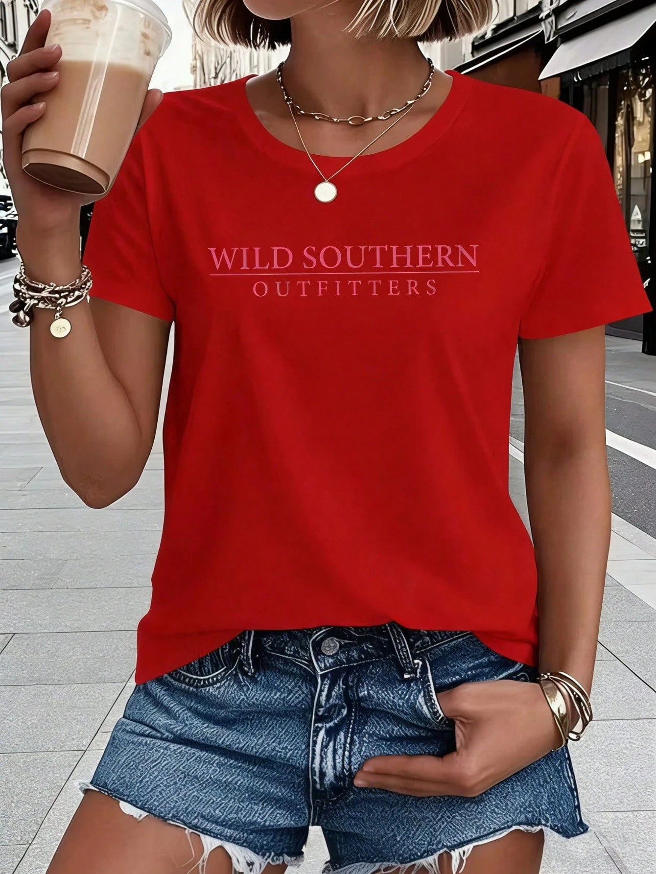 Women's Wild Southern Outfitters Double Sided Print T-Shirt, Crew Neck Short Sleeve Summer Top, Pink Hound Dog Graphic On Back, Soft Breathable Cotton Blend, Fashion Outdoor Style, Machine Washable