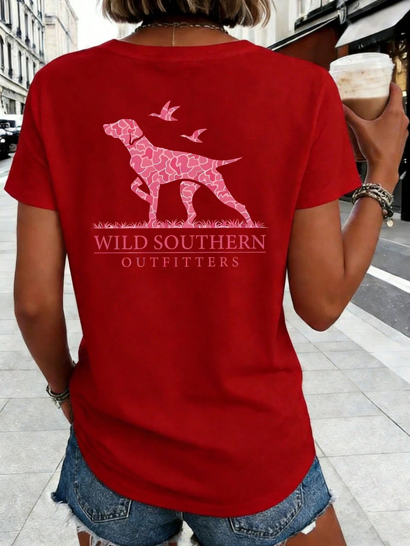 Women's Wild Southern Outfitters Double Sided Print T-Shirt, Crew Neck Short Sleeve Summer Top, Pink Hound Dog Graphic On Back, Soft Breathable Cotton Blend, Fashion Outdoor Style, Machine Washable