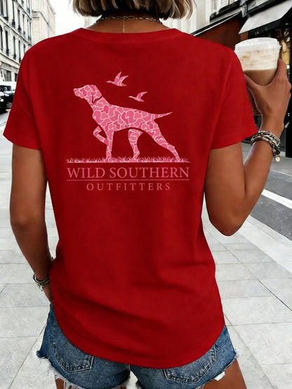 Women's Wild Southern Outfitters Double Sided Print T-Shirt, Crew Neck Short Sleeve Summer Top, Pink Hound Dog Graphic On Back, Soft Breathable Cotton Blend, Fashion Outdoor Style, Machine Washable
