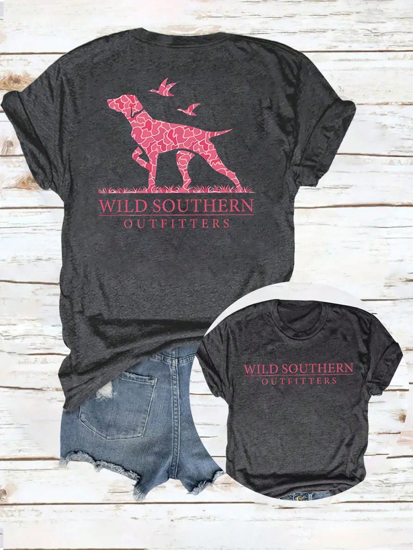 Women's Wild Southern Outfitters Double Sided Print T-Shirt, Crew Neck Short Sleeve Summer Top, Pink Hound Dog Graphic On Back, Soft Breathable Cotton Blend, Fashion Outdoor Style, Machine Washable