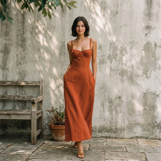 Women Sleeveless Bustier Cami Maxi Dress Solid Khaki Brown Linen Textured Spaghetti Strap Sweetheart Neck Slim Fit Elegant For Summer Daily Outing