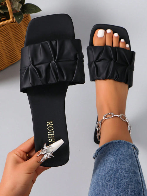 Women Summer Slip-Resistant Flip Flops, Soft-Sole Outdoor Beach Slippers, Fashionable Square-Toe Slippers, Vacationcore
